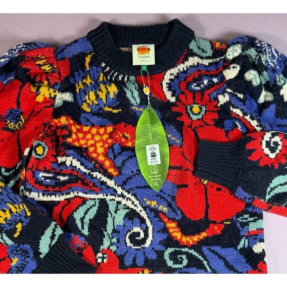 Farm Rio Women's XS Blue Vintage Forest BOHO Pattern Knit Sweater Dress NWT